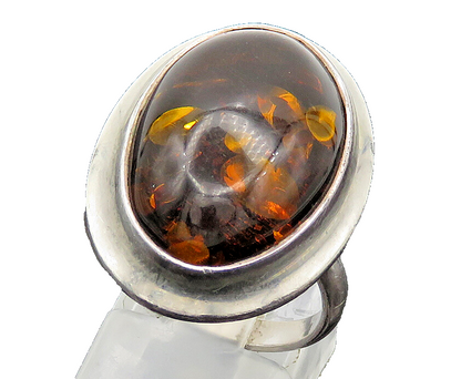POLAND 925 Sterling Silver  Vintage Cabochon Cut Amber Band Ring Sz 9  RG20284