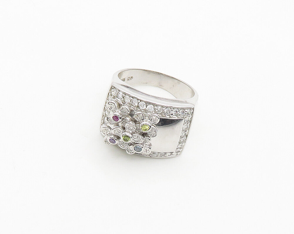925 Silver  Cubic Zirconia Floral Motif Shiny Cocktail Ring Sz 9  RG19453