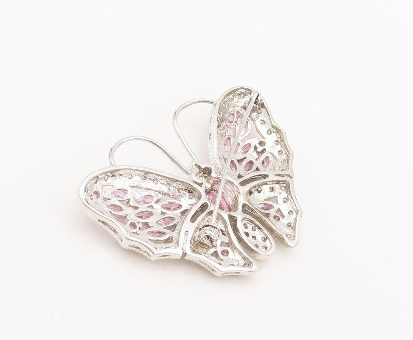 925 Sterling Silver  Vintage Pink & White CZ Butterfly Brooch Pin  BP10522