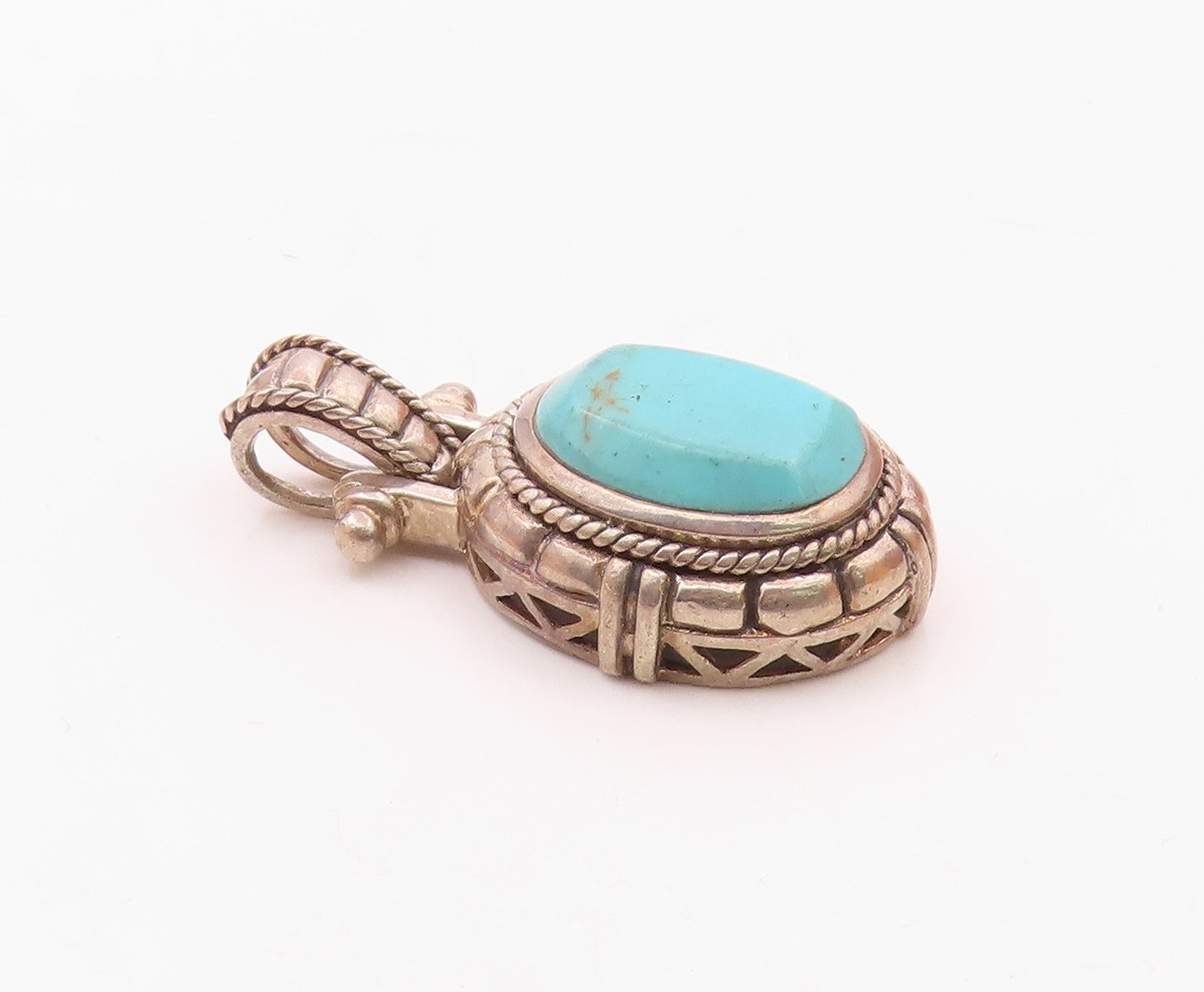 925 Silver  Vintage Rope Twist & Cobbled Edge Turquoise Drop Pendant  PT21510