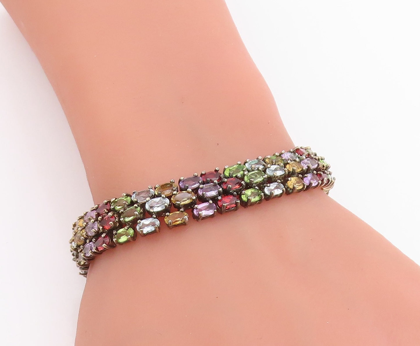 925 Sterling Silver Vintage Bracelet Gold Plated Multi Gemstone Link  BT11833