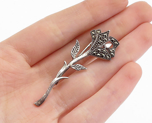925 Sterling Silver  Vintage Marcasite Petite Single Flower Brooch Pin  BP2700