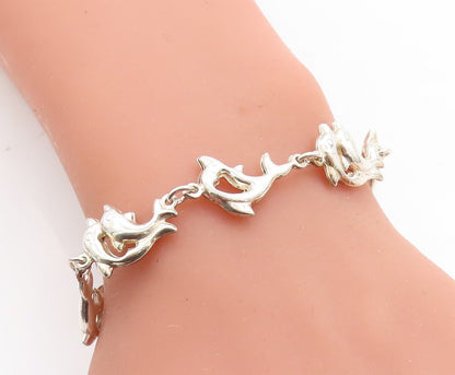 925 Sterling Silver  Vintage Polished Dolphin Love Link Chain Bracelet  BT1922