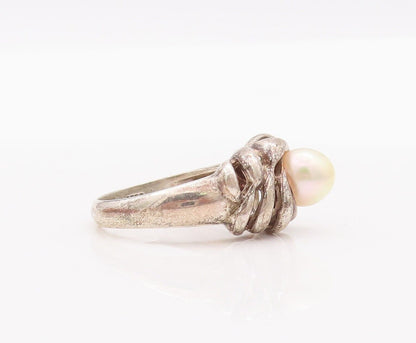 925 Sterling Silver Vintage Ring Cutout Swirled Neck Beaded Pearl  Sz 8  RG28290