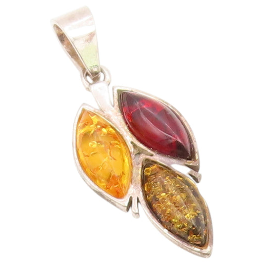 925 Sterling Silver Vintage Pendant Multi Color Baltic Amber Leaf Charm  PT26654