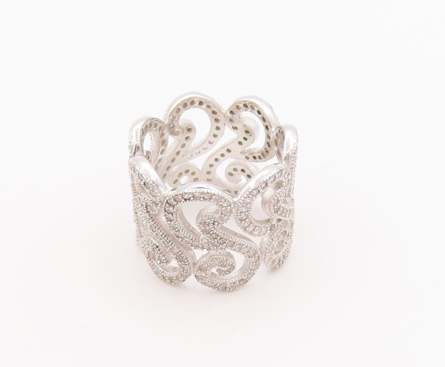 925 Sterling Silver Vintage Ring Designer Swirly Cutout CZ Inlay  Sz 6  RG29761
