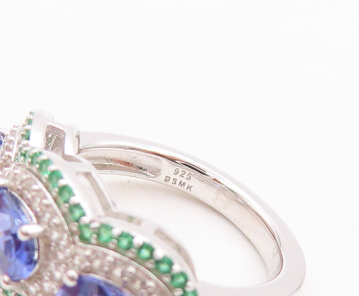 925 Sterling Silver Vintage Ring Oval Blue Halo White & Green CZ  Sz 7  RG29551