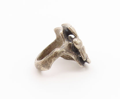 925 Sterling Silver Vintage Ring Pearl Brutalist Carved Band  Sz 6.5  RG36688