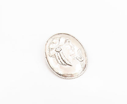 925 Sterling Silver Vintage Brooch Pin Etched Royal Female Figure  BP11590