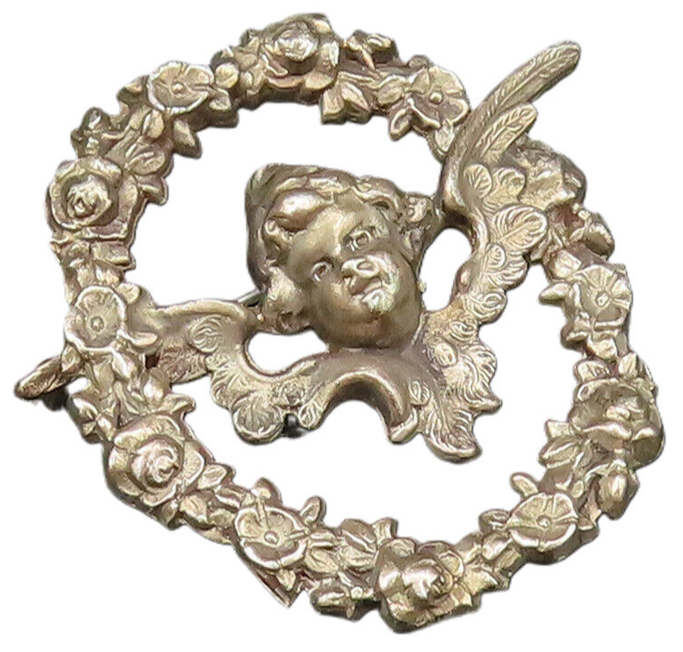 925 Silver  Vintage Antique Baby Angel Cutout Flower Wreath Brooch Pin  BP9899