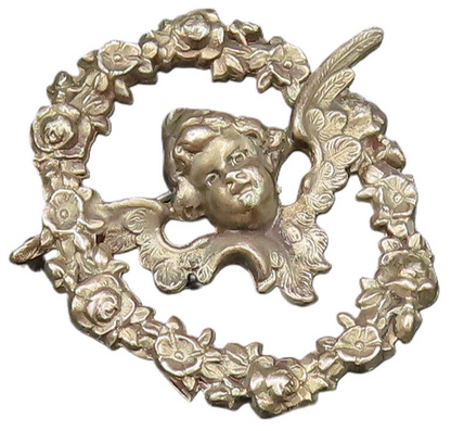 925 Silver  Vintage Antique Baby Angel Cutout Flower Wreath Brooch Pin  BP9899