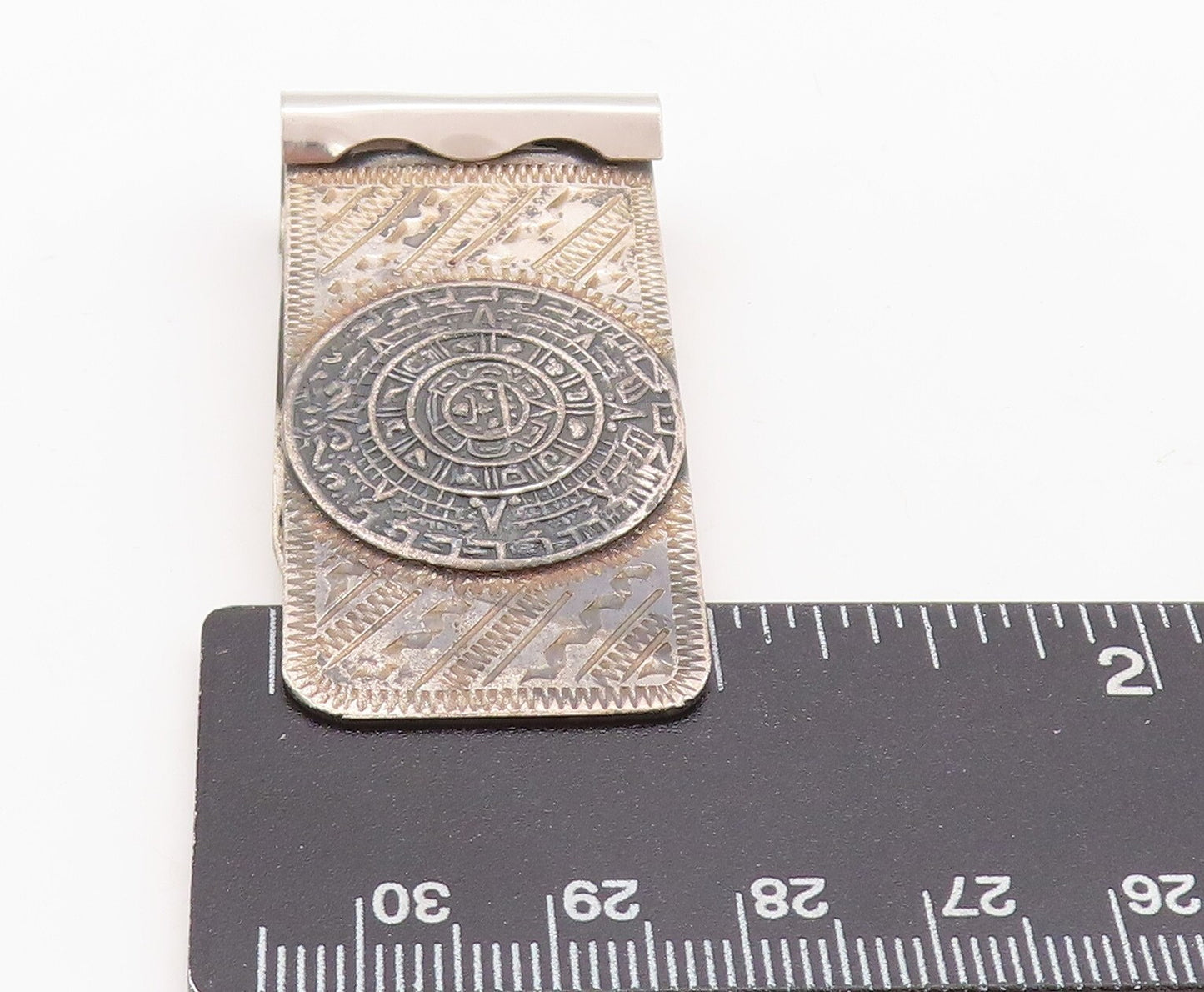 925 Sterling Silver Vintage Money Clip MEXICO Dark Tone Aztec Moon Carved TR3823
