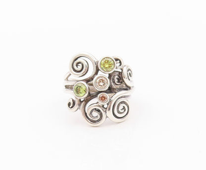 925 Sterling Silver Vintage Ring CZ Peridot Spirals Cutout  Sz 6.5  RG32161