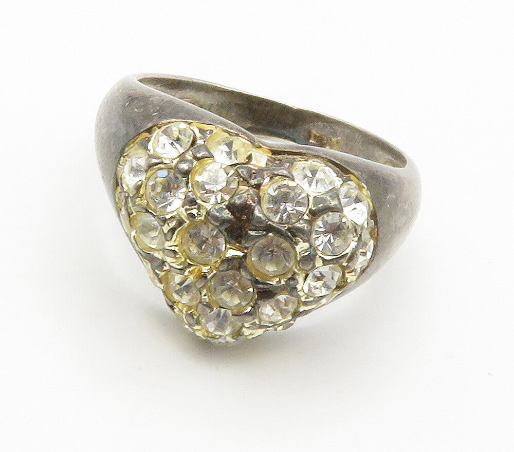925 Sterling Silver  Vintage Cubic Zirconia Heart Cocktail Ring Sz 7  RG15110