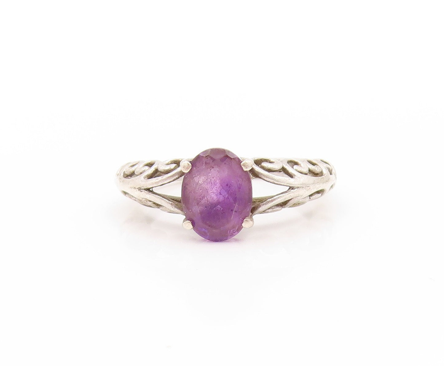 925 Sterling Silver Vintage Ring Amethyst Swirls Cutout Band  Sz 5  RG32977