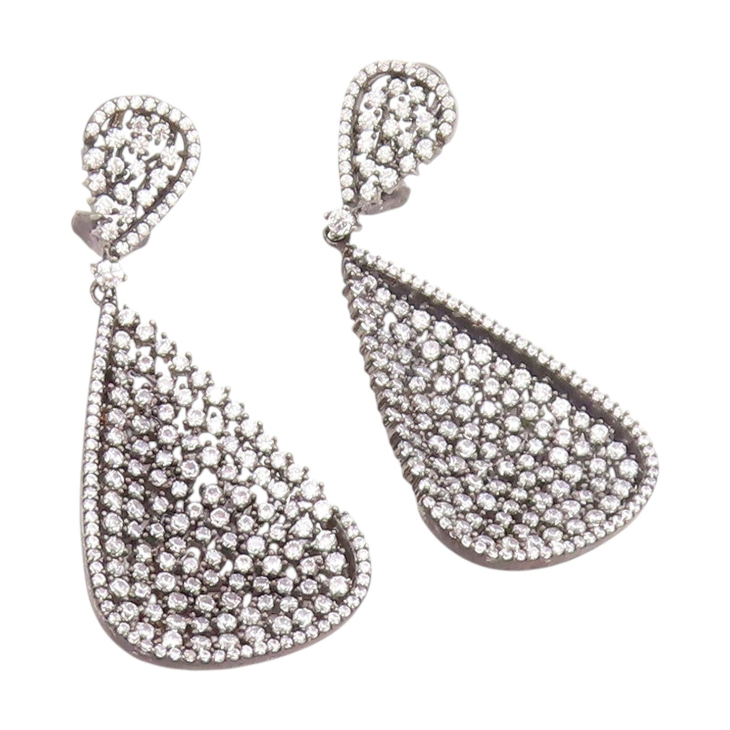925 Sterling Silver Vintage Earrings Cluster CZ Pave Elegant Teardrop  EG14023