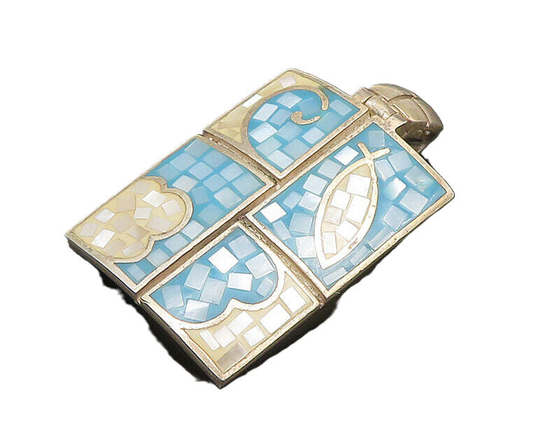 925 Sterling Silver  Vintage Mother Of Pearl Mosaic Pattern Pendant  PT16102