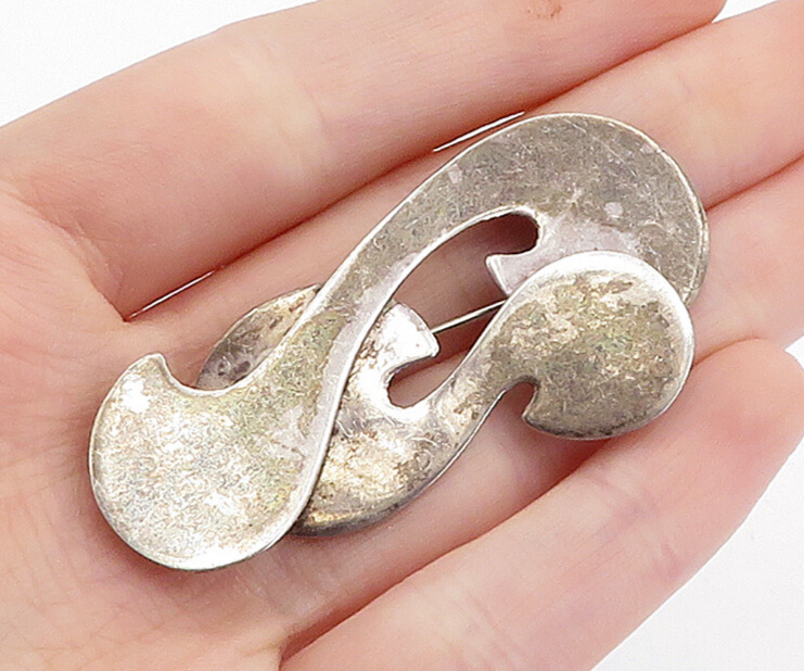 MEXICO 925 Sterling Silver  Vintage Dark Tone Swirl Design Brooch Pin  BP1330