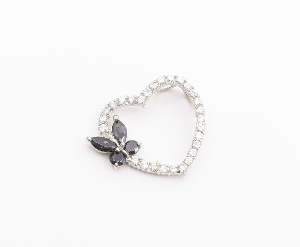 925 Silver  Vintage Cubic Zirconia & Sapphire Butterfly Heart Pendant  PT17083