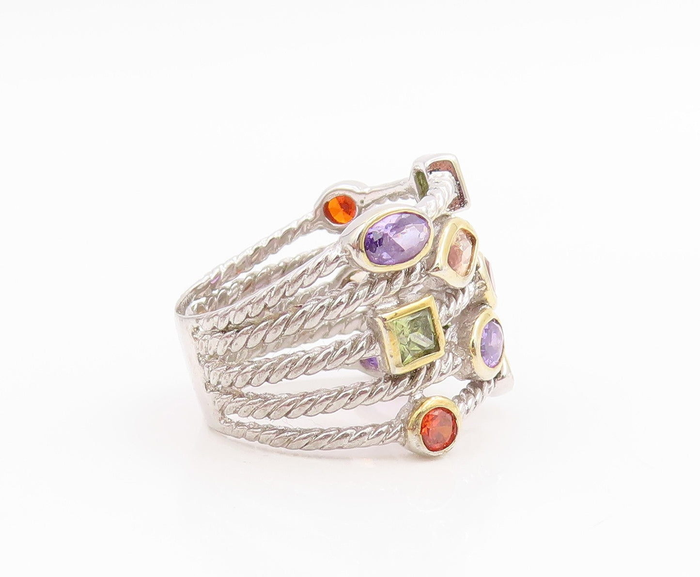 925 Sterling Silver Vintage Ring Multi Gemstone Twisted Cable  Sz 7.5  RG35667