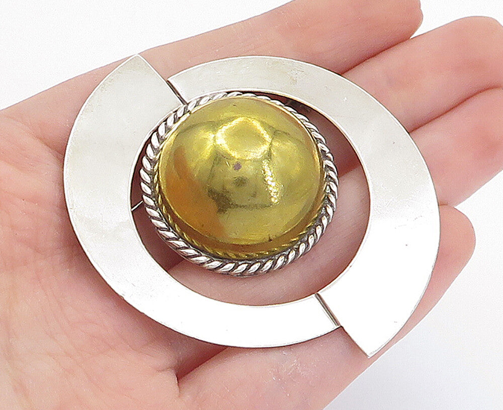 MEXICO 925 Sterling Silver  Vintage Shiny Two Tone Dome Brooch Pin  BP2732
