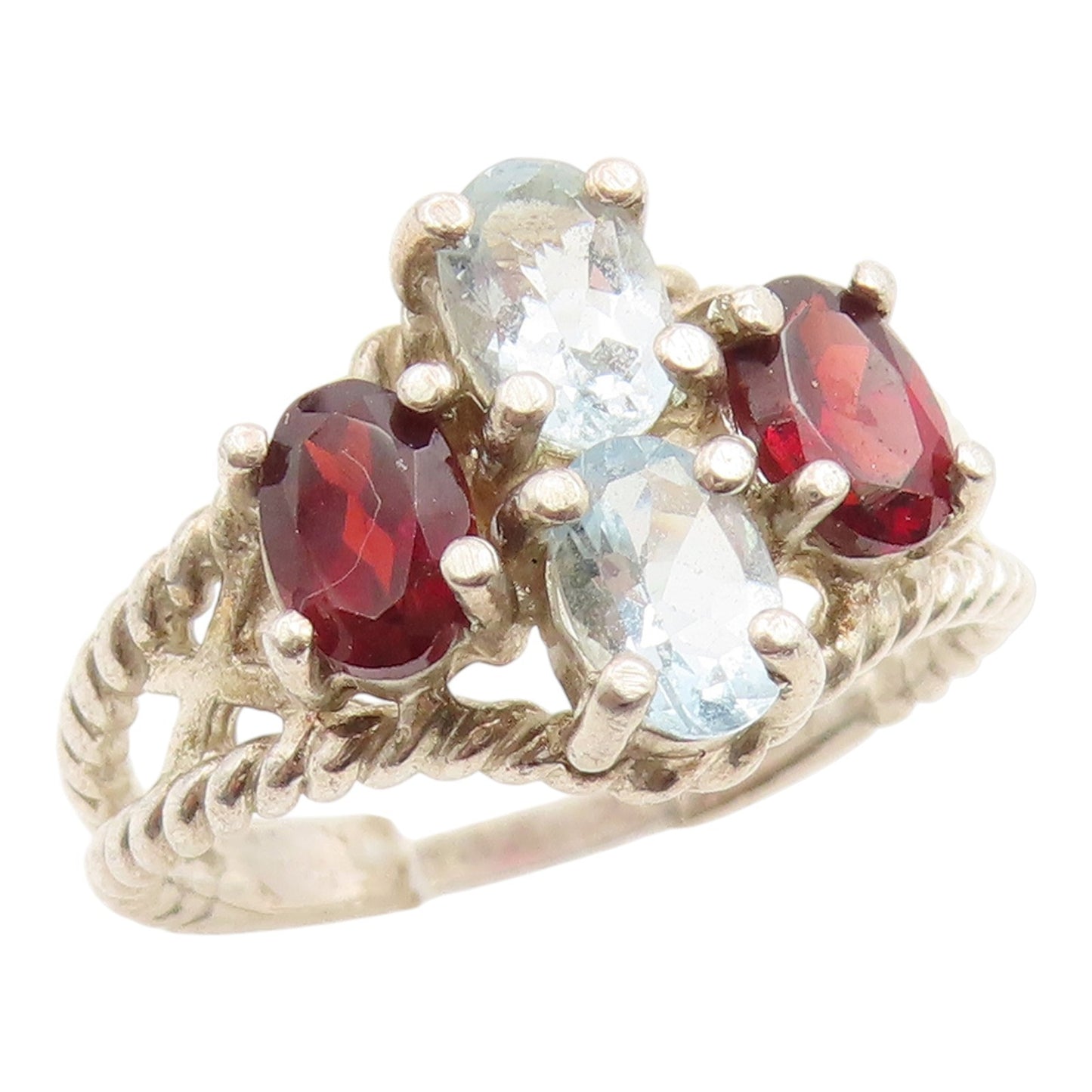 925 Sterling Silver Vintage Ring Elegant Garnet & Blue Topaz Band Sz 5.5 RG35455