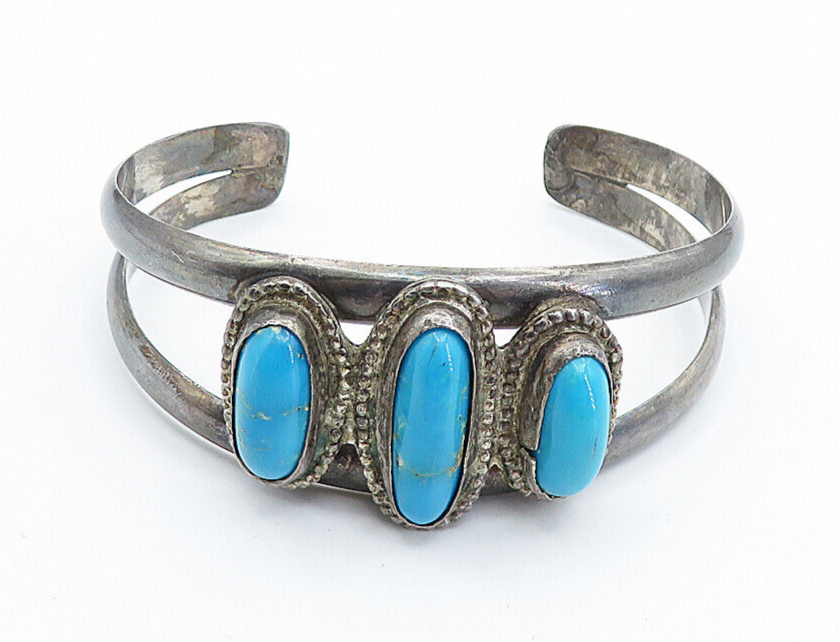 925 Sterling Silver  Vintage Antique Turquoise Split Cuff Bracelet  BT2798