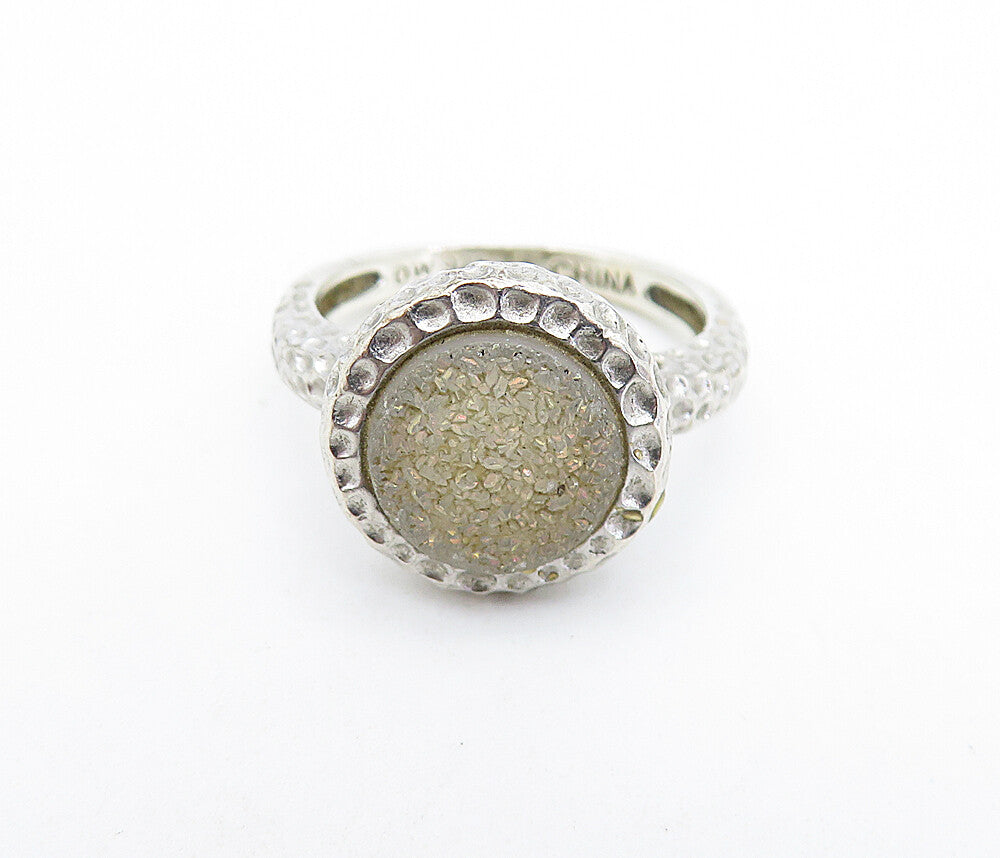 925 Sterling Silver  Vintage Druzy Stone Hammered Cocktail Ring Sz 6  RG7638
