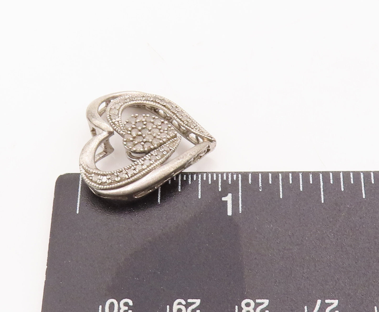 925 Sterling Silver Vintage Pendant Swirly Cutout Inlay Diamonds Heart  PT23087