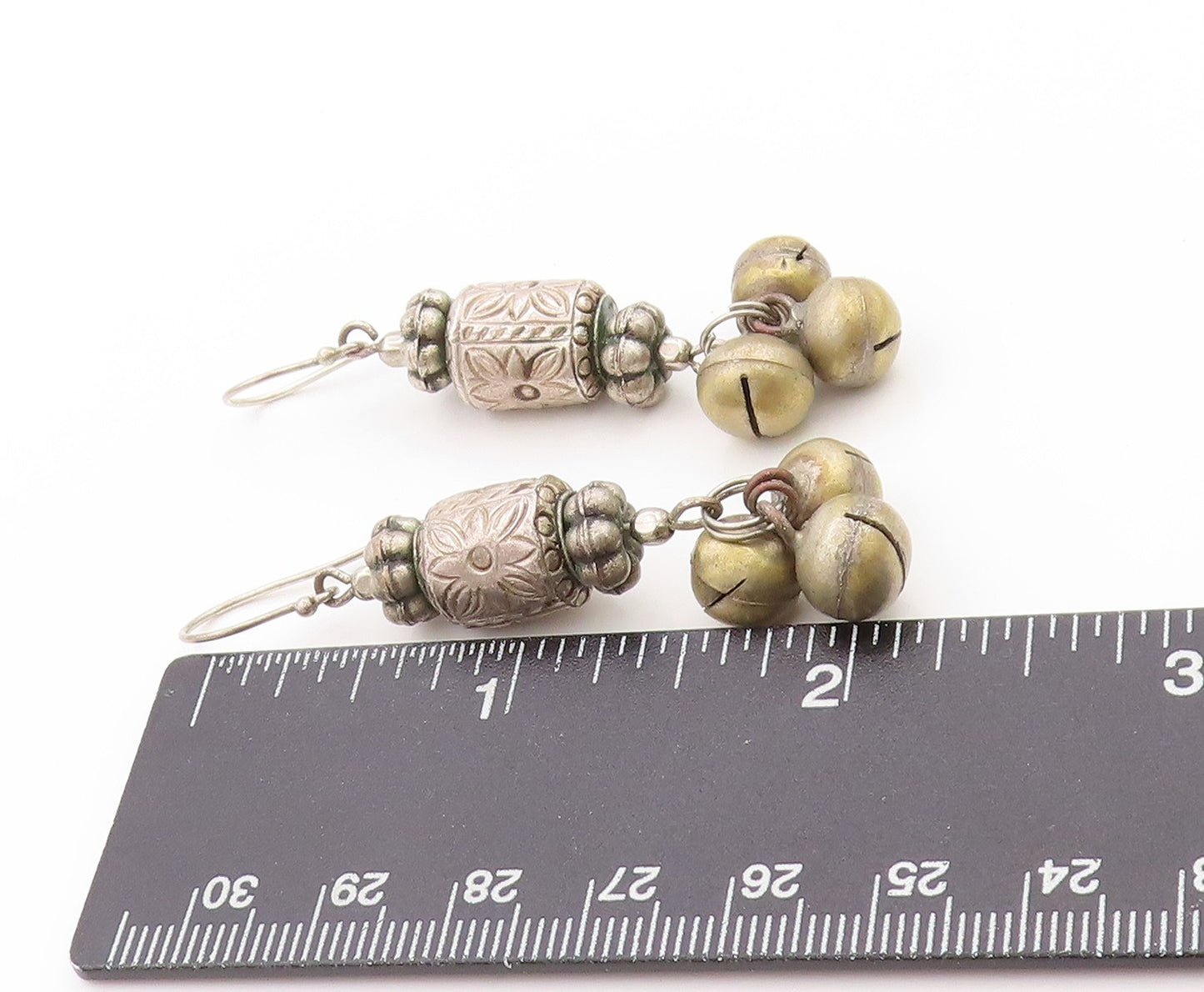 925 Sterling Silver Vintage Earrings Floral Carved Metal Ball Drop  EG13611