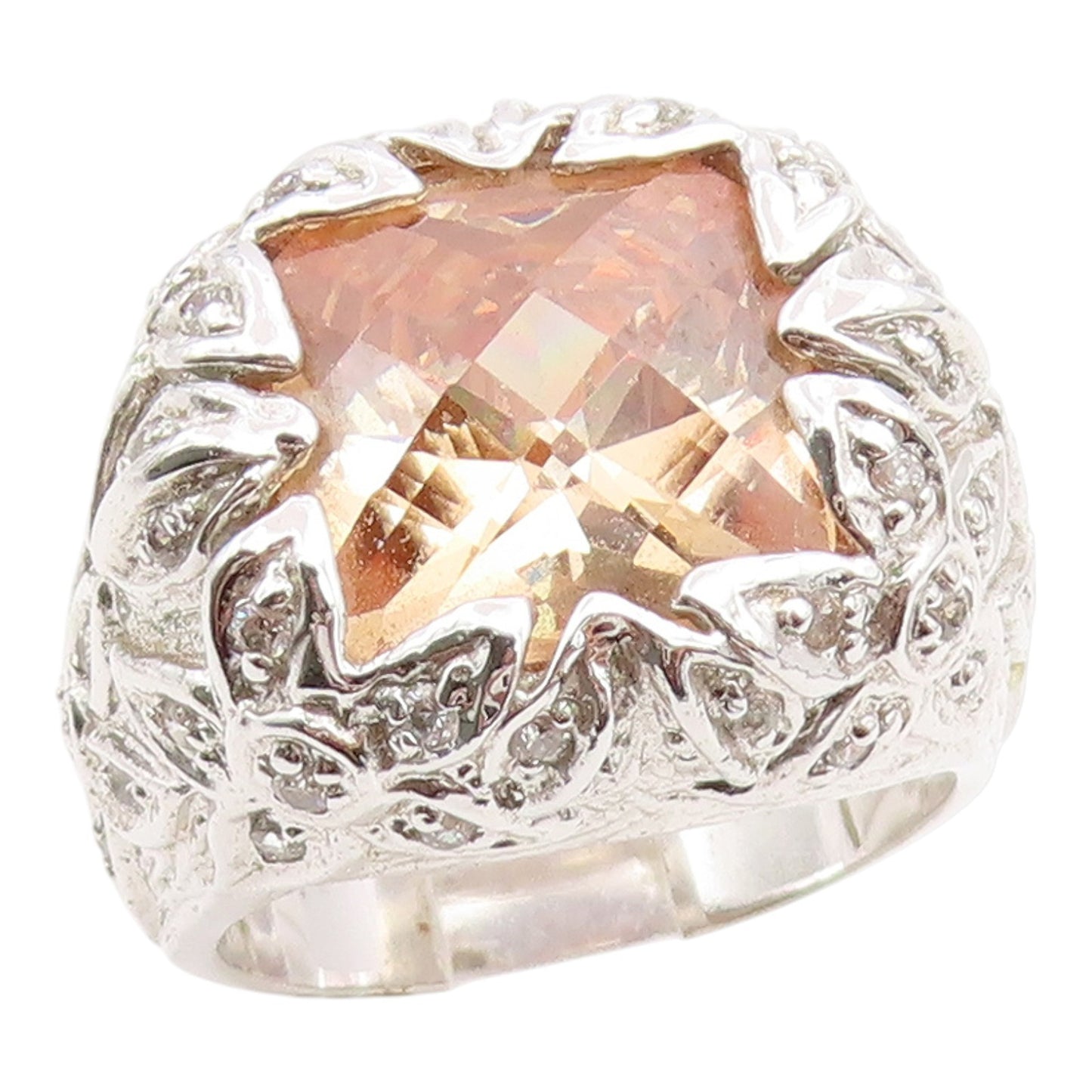 925 Sterling Silver Vintage Ring Citrine & CZ Floral Motif Band  Sz 8  RG35373