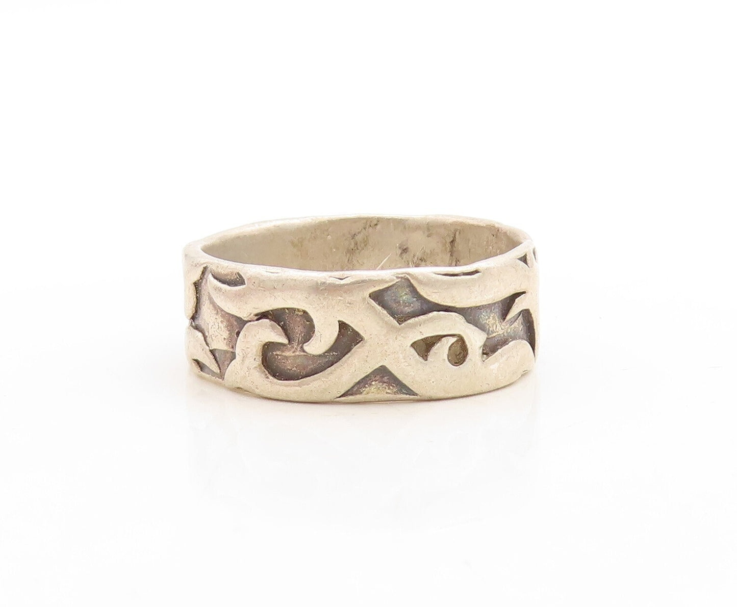 925 Sterling Silver Vintage Ring Solid Carved Fire Swirls  Sz 15  RG31255