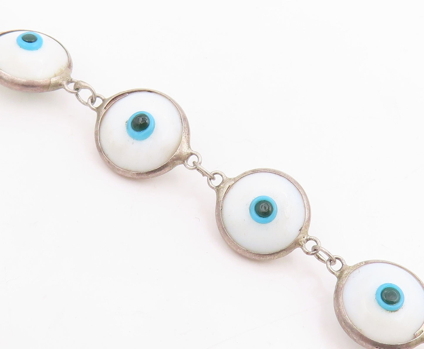 925 Sterling Silver Vintage Bracelet White Evil Eye Enamel Bead Link  BT11821