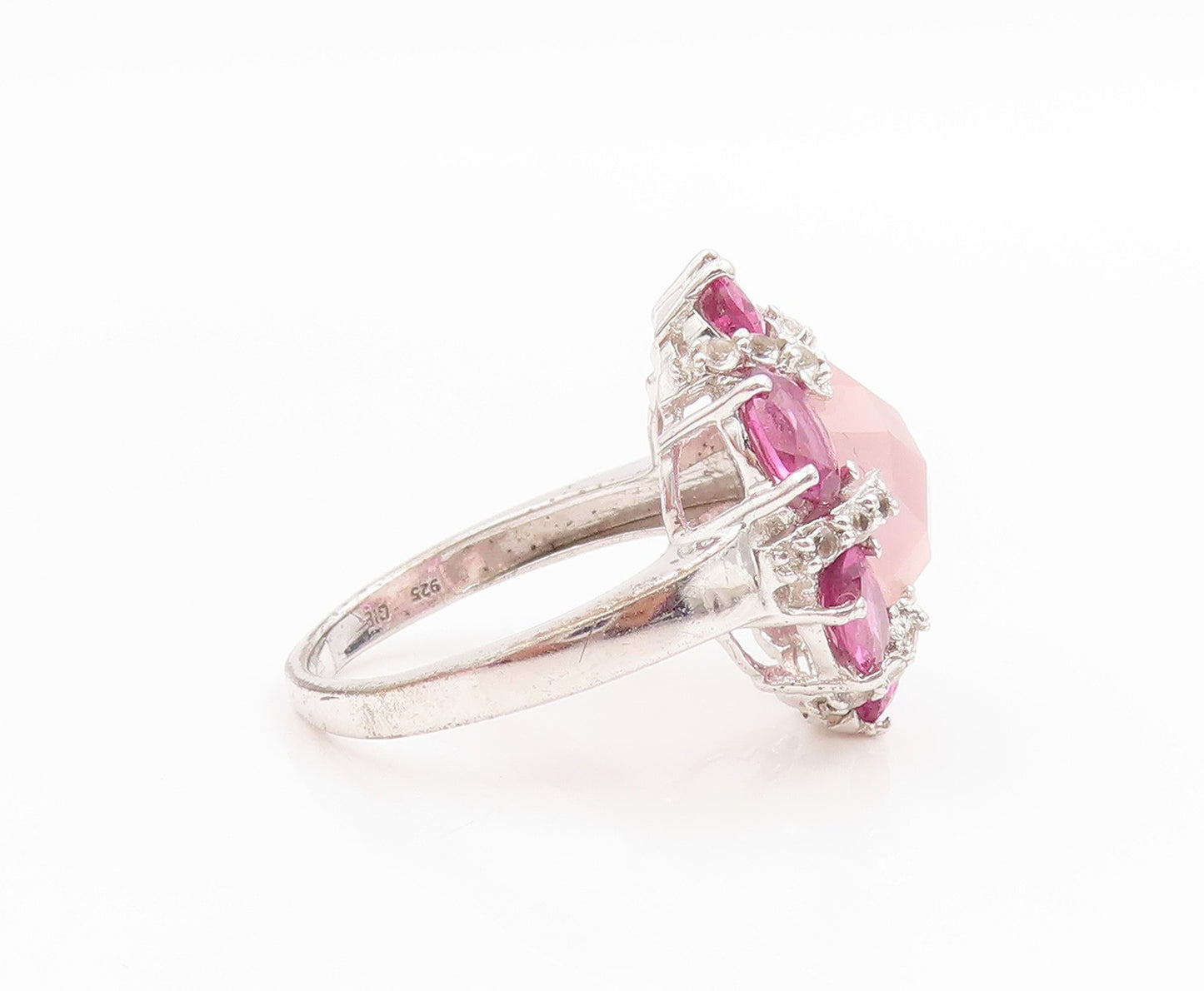 925 Sterling Silver Vintage Ring Rose Quartz & Topaz Floral Band  Sz 8  RG35777