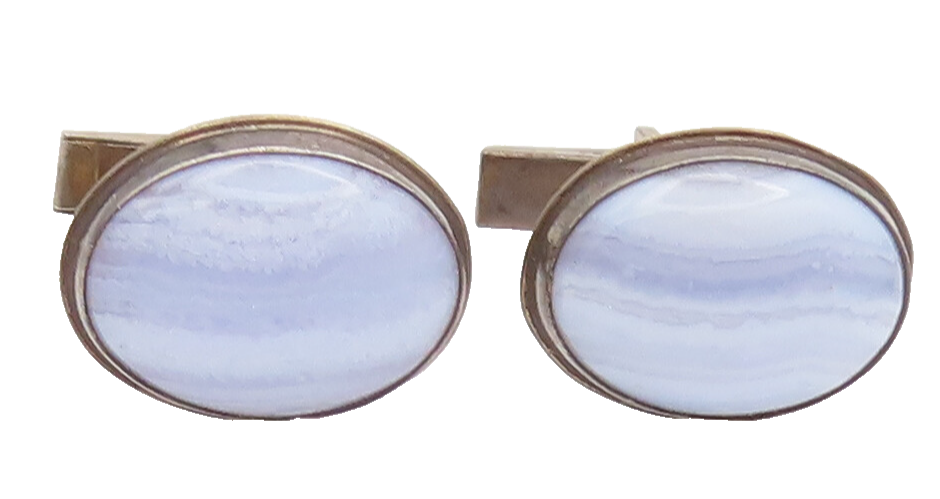 925 Sterling Silver  Vintage Minimalist Oval Blue Lace Agate Cufflinks  TR3553
