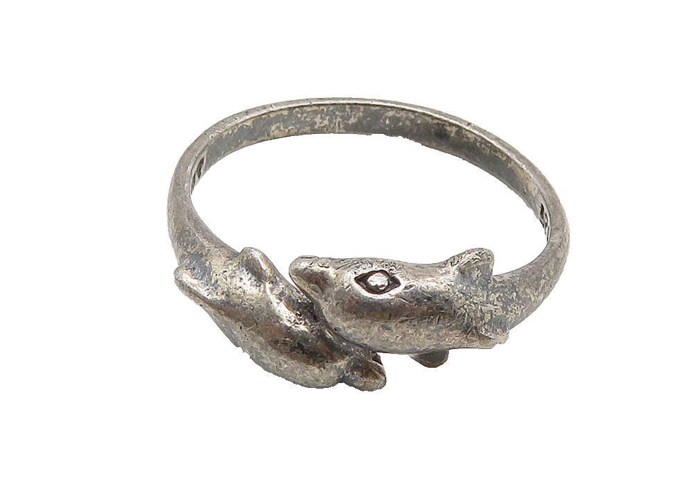 925 Sterling Silver  Vintage Dark Tone Dolphin Motif Bypass Ring Sz 6  RG10514