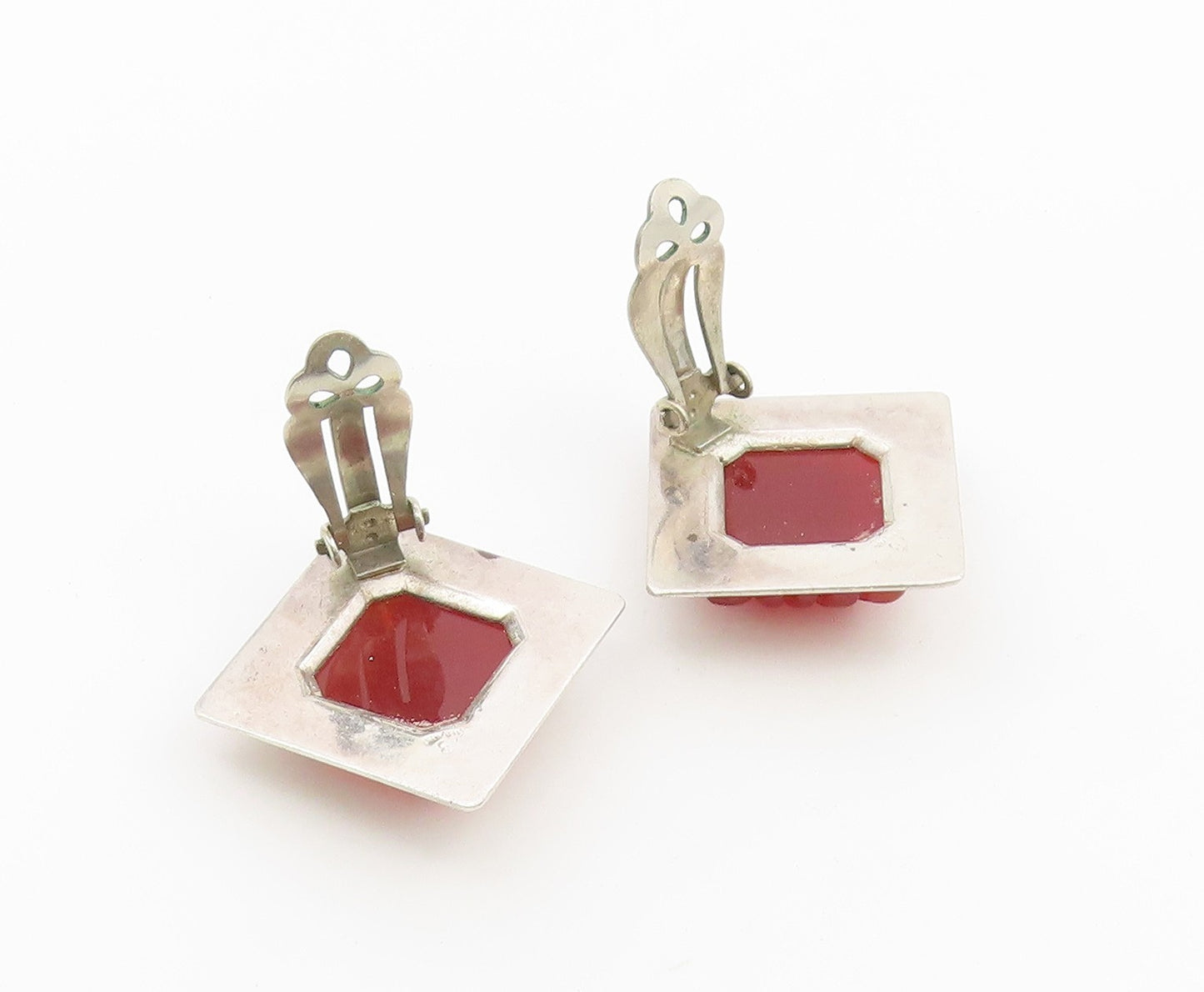 925 Sterling Silver Vintage Earrings Fluted Carnelian Geometric Clip On  EG14499