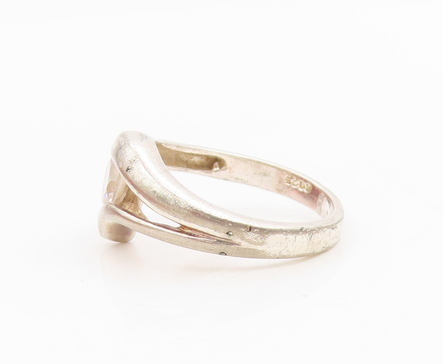 925 Sterling Silver Vintage Ring CZ Elegant Crossover Wave Band  Sz 7.5  RG35028