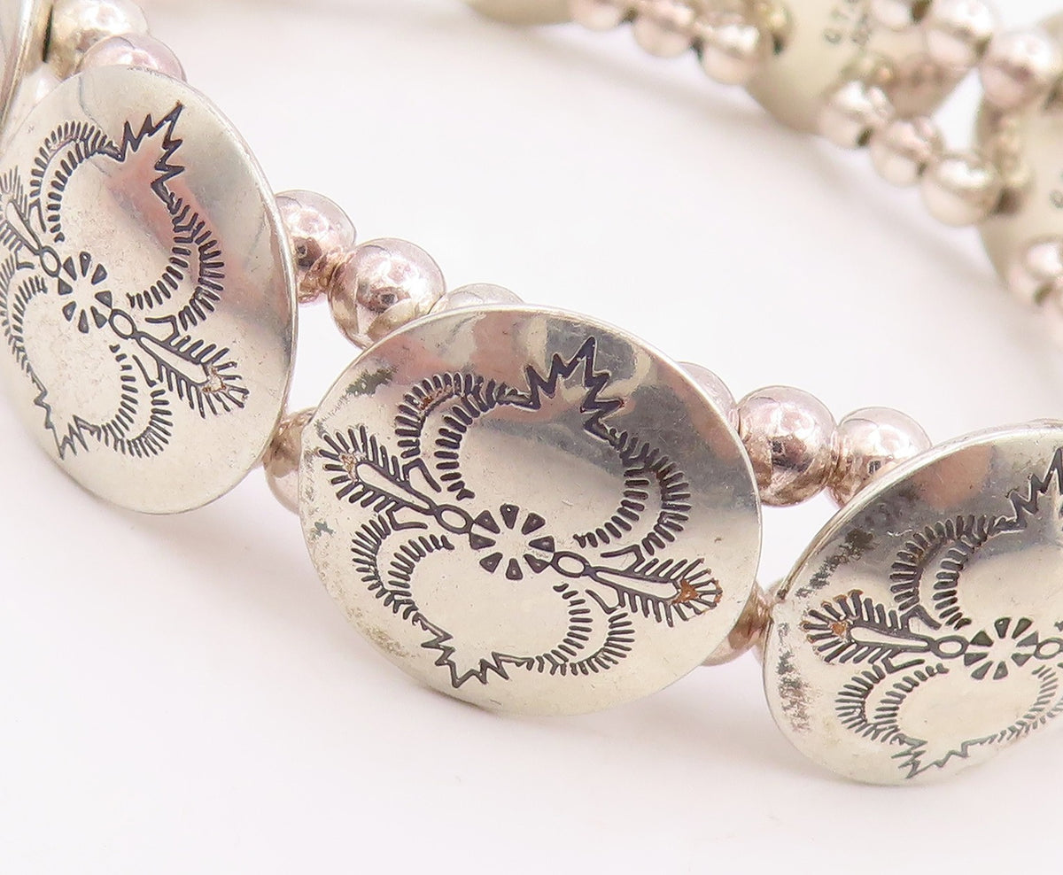 925 Sterling Silver Vintage Bracelet NAVAJO Etched Concho Panel Link  BT11864