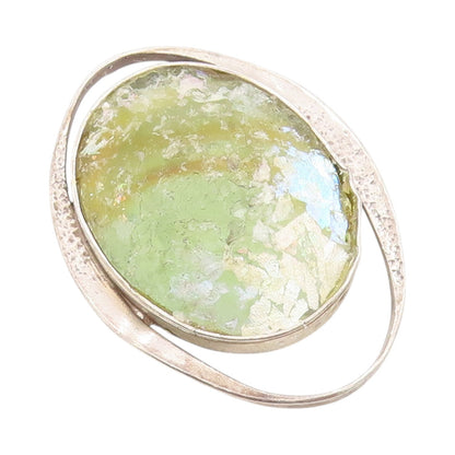 925 Sterling Silver Vintage Pendant Modernist Large Oval Roman Glass  PT24707