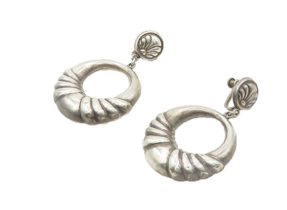 AHS MEXICO 925 Silver  Vintage Fluted Hollow Non Pierce Dangle Earrings EG9640