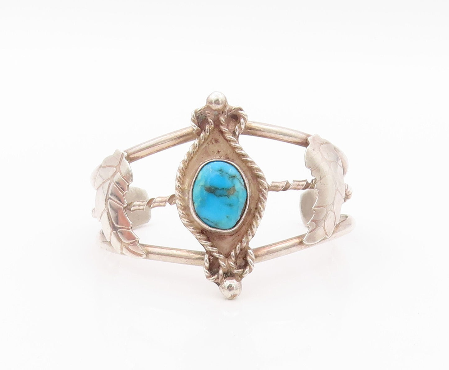 925 Sterling Silver Vintage Bracelet Floral Cutout Turquoise Cuff  BT11129