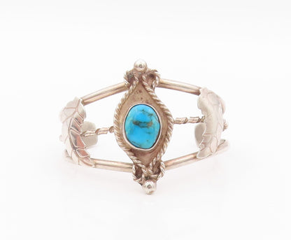 925 Sterling Silver Vintage Bracelet Floral Cutout Turquoise Cuff  BT11129