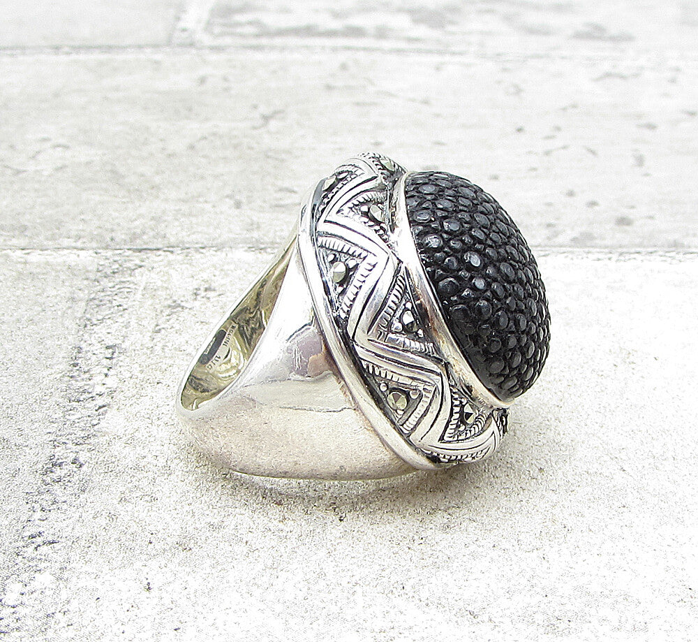 925 Sterling Silver Marcasite Crocodile Skin Leather Dome Star Ring Sz 8  RG1558