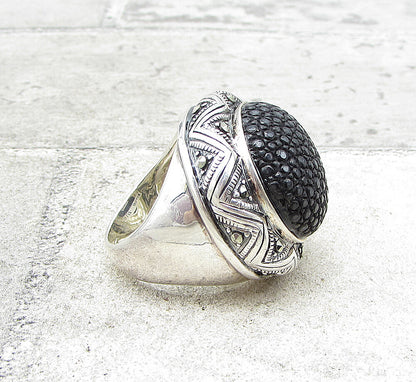925 Sterling Silver Marcasite Crocodile Skin Leather Dome Star Ring Sz 8  RG1558