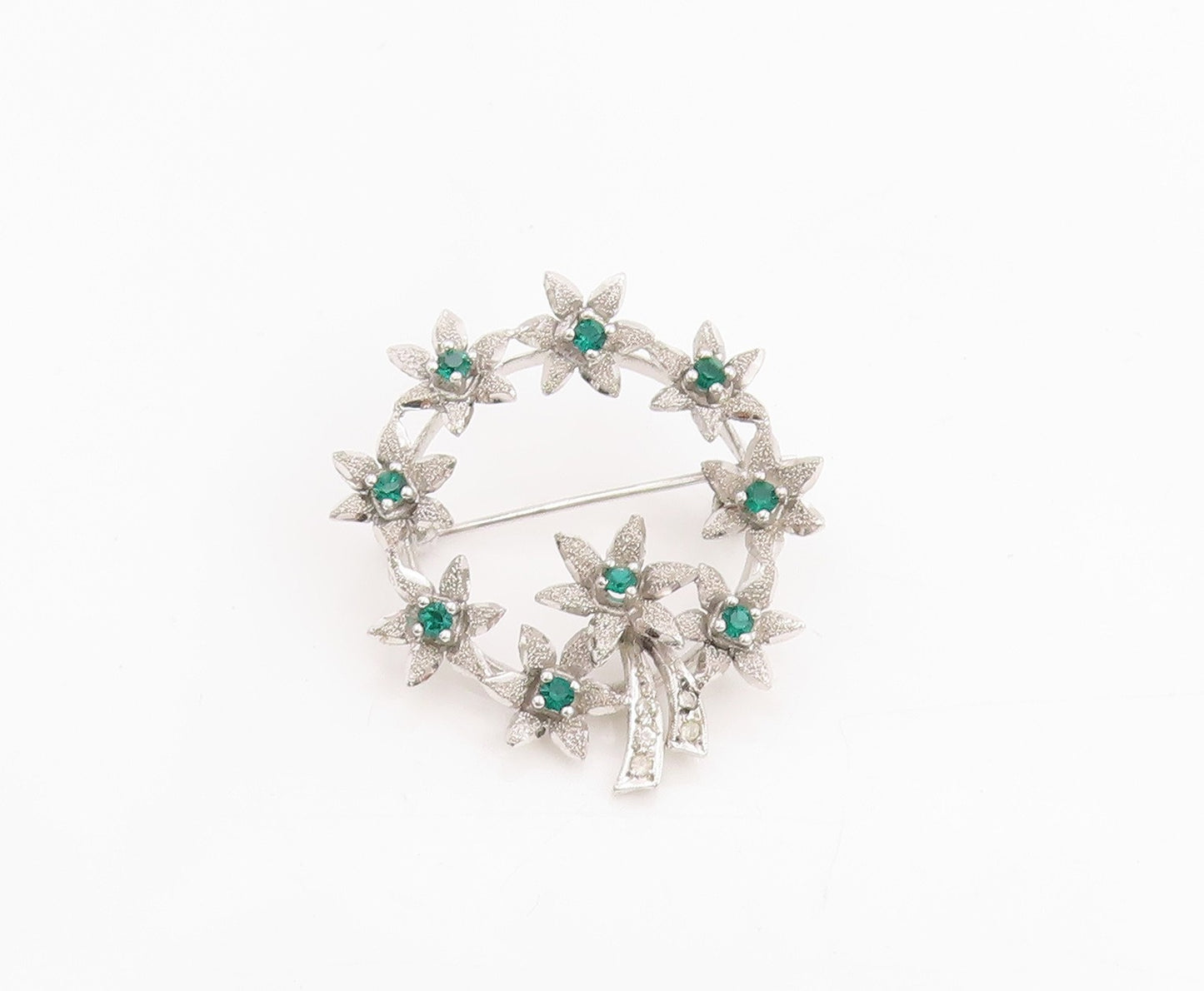 925 Sterling Silver Vintage Brooch Emerald & CZ Floral Garland Design  BP11996
