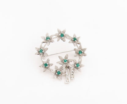 925 Sterling Silver Vintage Brooch Emerald & CZ Floral Garland Design  BP11996