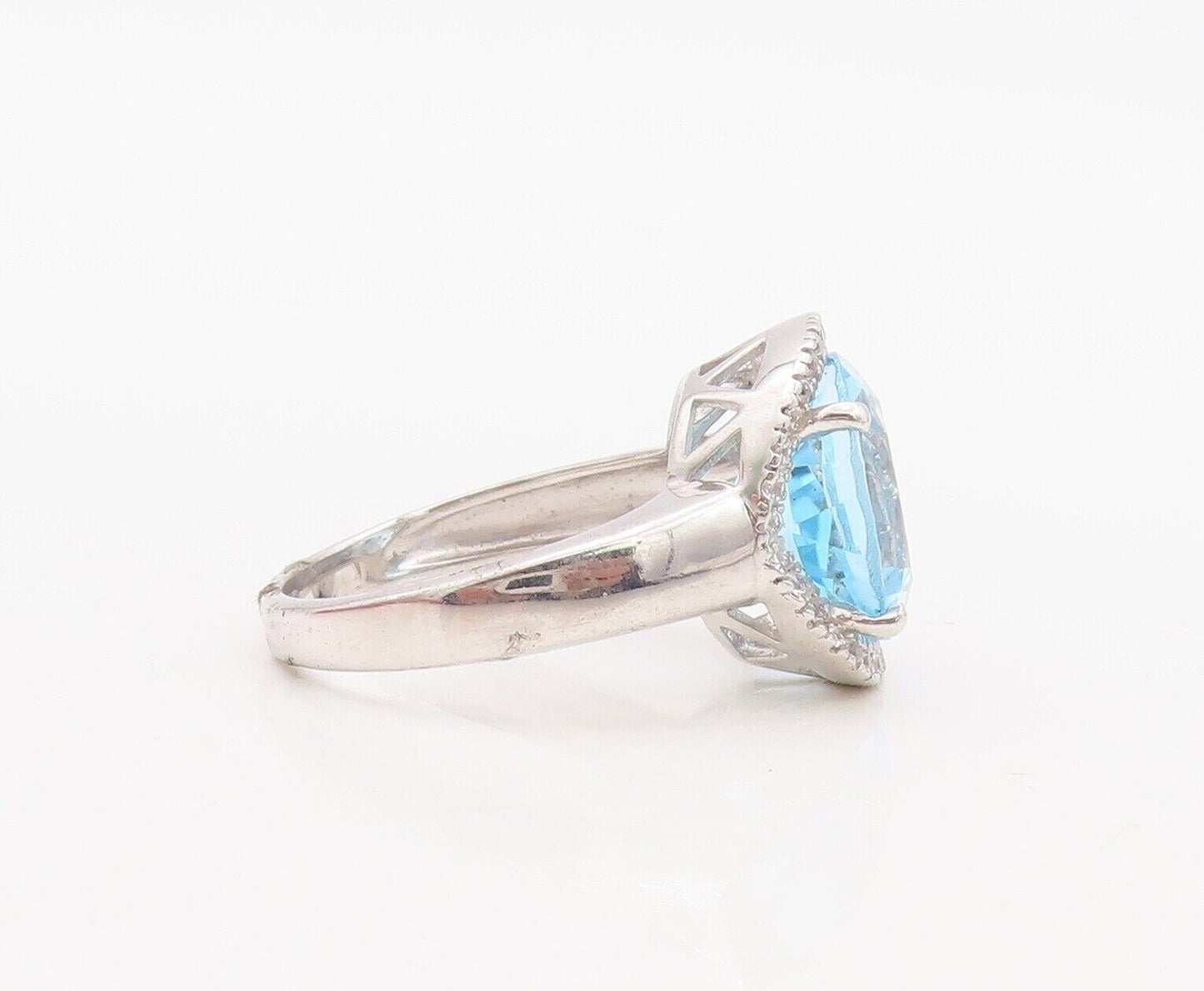 925 Sterling Silver Vintage Ring Round Cut Blue Halo White Topaz  Sz 7  RG30031