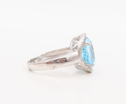 925 Sterling Silver Vintage Ring Round Cut Blue Halo White Topaz  Sz 7  RG30031