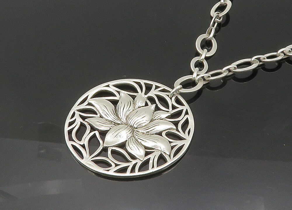 925 Sterling Silver  Vintage Shiny Lotus Flower Oval Chain Necklace  NE3513